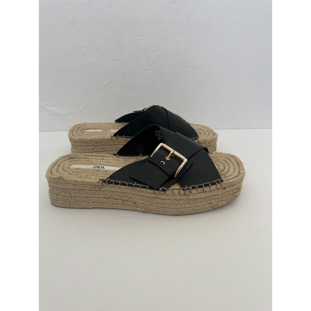ZARA Faux Leather Black Jute Flatforms Platforms Espadrille Sandals Women's 9.5 - Picture 2 of 6